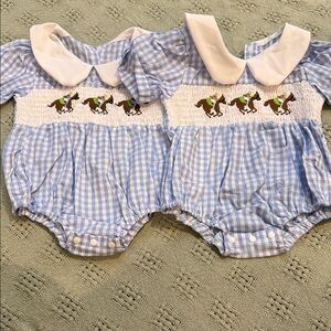 Smocked Blue Gingham Baby Bubble with Horse Embroidery